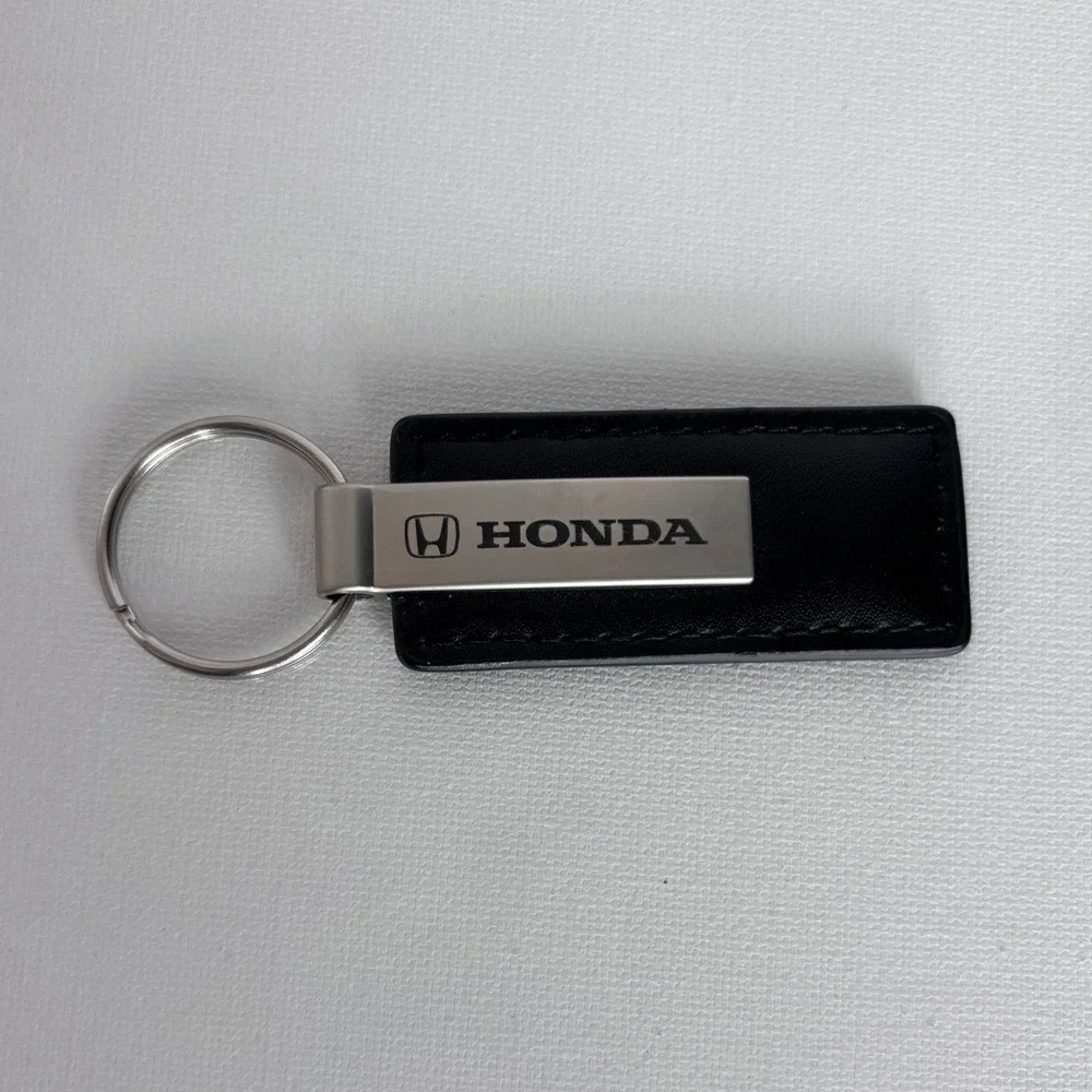 Honda Keychain Black Faux Leather Silver Tone Metal Logo Key Ring Accessory